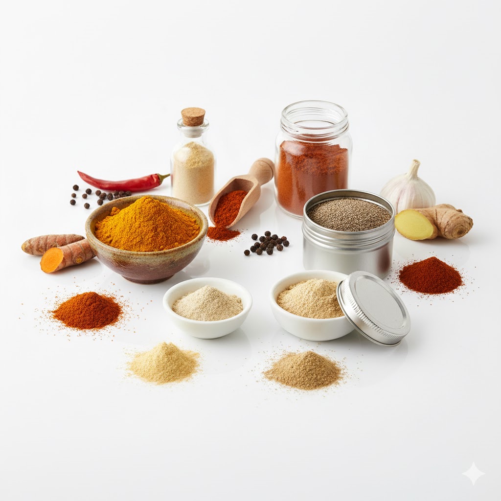 Bột tiêu, ớt, nghệ, gừng, tỏi...