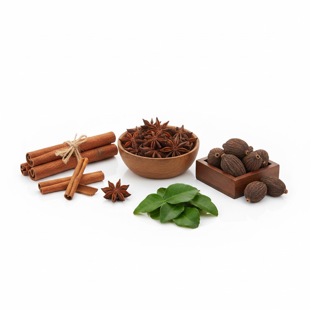 Lá chanh, hồi, quế, thảo quả,...