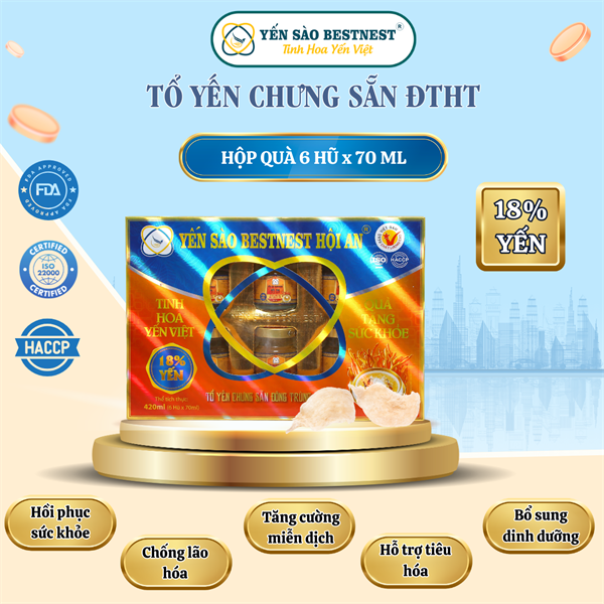 Hộp 6 hũ Tổ yến chưng sẵn BESTNEST HỘI AN 18% Đông Trùng Hạ Thảo