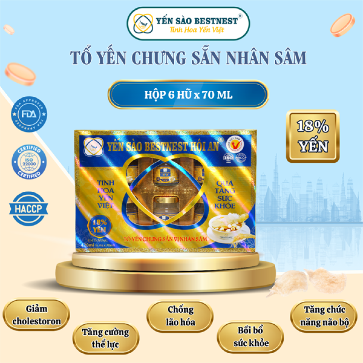 Hộp 6 hũ Tổ yến chưng sẵn BESTNEST HỘI AN 18% Hương Sâm